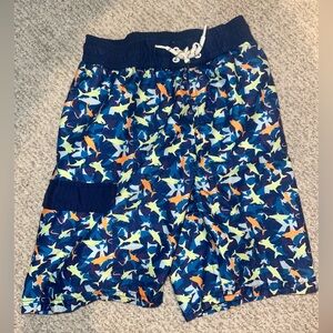 dip Navy Swim Shorts with Aqua and Orange Shark Print